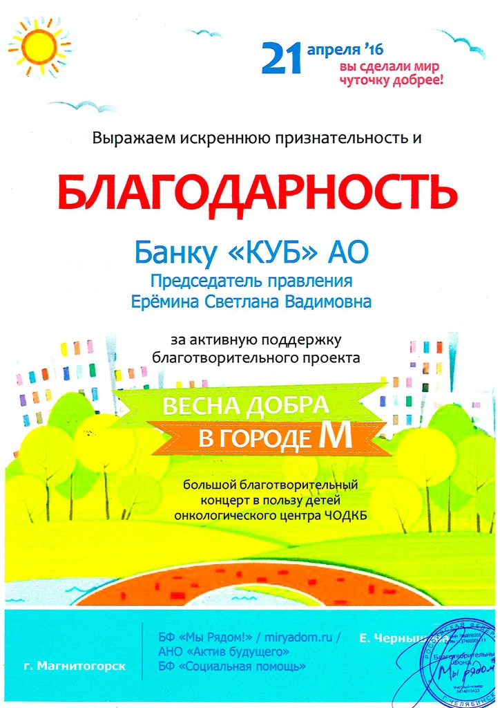 Благодарность за поддержку благотворительного проекта «Весна добра в городе М»